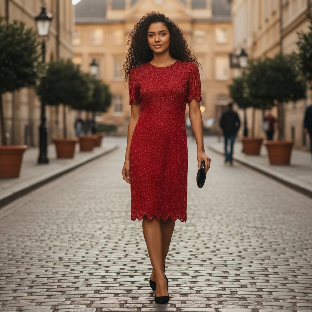 Vintage Laurence Kazar Red Beaded Dress | Short-Sleeved with Scalloped Hem